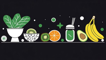 Healthy smoothie ingredients and fresh fruits arranged on a dark background