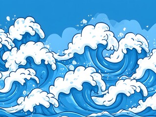 Powerful Ocean Waves Crashing Cartoon Illustration