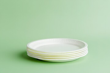 Disposable plates arrayed over pale green setting depicting various purposes and advanced society free of plastic lovely hue, Generative AI.