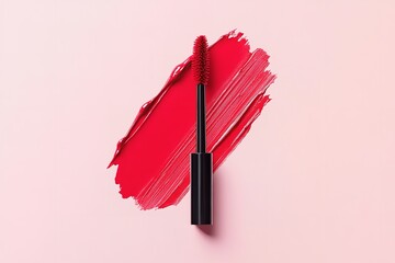 An erect red lip plumper applicator and red lipstick swatch over pastel pink setting depict wholesome lustrous lips lovely hue look, Generative AI.