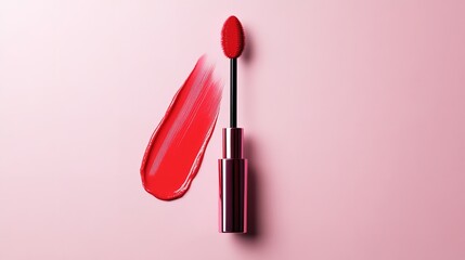 An erect red lip plumper applicator and red lipstick swatch over pastel pink setting depict wholesome lustrous lips lovely hue look, Generative AI.