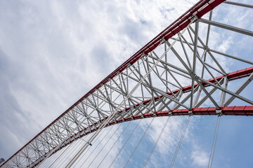 steel beams is bolted down. Close-up shows the connection of the metal powerful straight crossbar,...