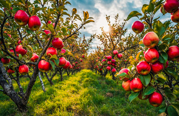 Beautiful apple orchard with red fruit glowing in morning sunlight