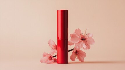 A notion of bloom-infused care and beauty aid is depicted by erect red lip balm with array of pink blooms over pale beige setting, Generative AI.