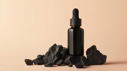 A glass bottle with charcoal bits and serum over pale beige setting depicting pristine skin and exposing grace lovely hue space, Generative AI.