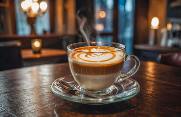 Aromatic cappuccino elegantly placed on polished wooden café table