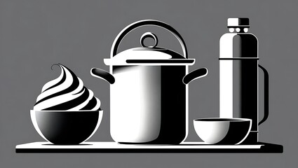 Stylized black and white illustration of kitchenware and soft serve ice cream