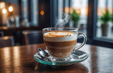 Classic cappuccino with heart foam design served in cozy café ambiance