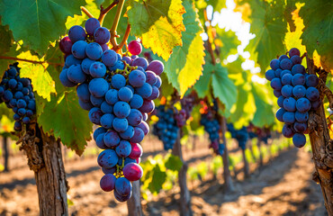 Clustered purple grapes hanging from vine in sunny vineyard field
