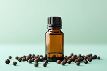 Black peppers over pale green setting with pepper essential oil in tiny bottle depict opulence nature gain items and medical lovely hue, Generative AI.