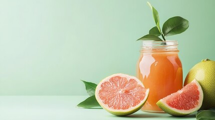 A jar of pomelo jam with chunk of pomelo fruit over pale green setting depict notion of seasonal fruit and healthy diet for fun hue, Generative AI.