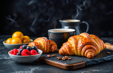 Dark breakfast setting with croissants and plums on black background