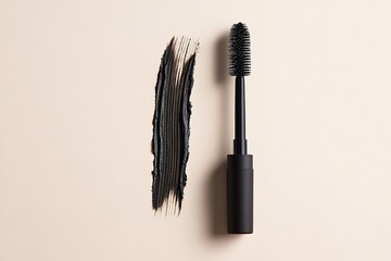 Attached to black tiny line of mascara swatch over pale beige setting is black mascara brush poise erect tiny applicator lovely hue, Generative AI.
