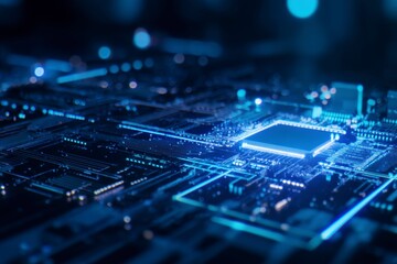 High-performance ultra-efficient microprocessor integrated circuit board glowing in futuristic digital environment for advanced high-speed computing, AI processing, data center optimization.