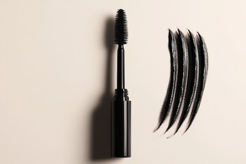 Attached to black tiny line of mascara swatch over pale beige setting is black mascara brush poise erect tiny applicator lovely hue, Generative AI.