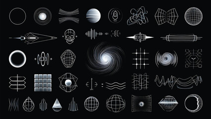 Collection of White Geometric Shapes and Abstract Designs on Black Background 34 Sci Fi Style