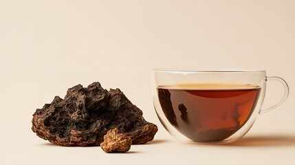 A healthier gourmet coffee and fit joy notion depict chaga tea in cup and chaga mushroom over pale beige setting hue delish food, Generative AI.