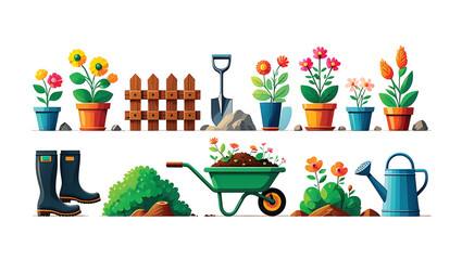 Colorful Potted Flowers Gardening Tools Wheelbarrow Wooden Fence Spring Garden Illustration