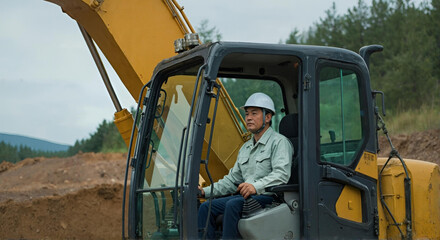 ショベルカーを操作する熟練の重機オペレーター、建設現場で精密なコントロールを行うプロフェッショナルな姿、ヘルメットと作業着を着用した真剣な表情の男性技術者 - 生成AI