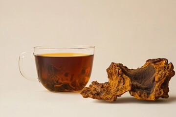 A healthier gourmet coffee and fit joy notion depict chaga tea in cup and chaga mushroom over pale beige setting hue delish food, Generative AI.