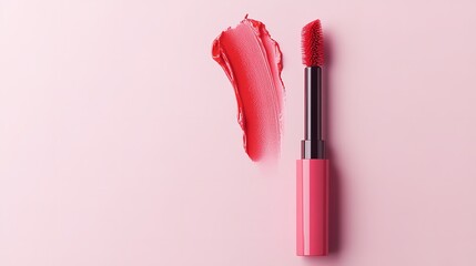 An erect red lip plumper applicator and red lipstick swatch over pastel pink setting depict wholesome lustrous lips lovely hue look, Generative AI.
