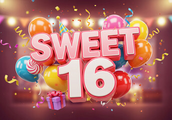 Sweet 16 in Party Style with Colorful Decoration Celebration Theme Wall Background