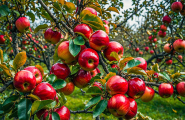 Lush apple trees loaded with ripe fruit in golden afternoon light