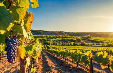 Lush vineyard with sunlit grapes ripening in rich fertile soil