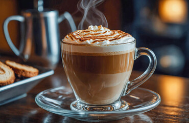 Rich coffee topped with frothy cream served in clear glass mug