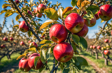 Ripe red apples hanging abundantly on sunny orchard tree branches