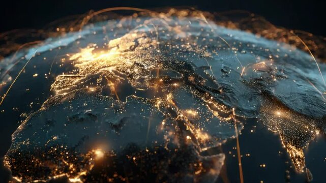 Earth at night with radiating golden lines connecting lit urban areas globally