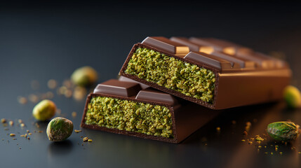 A Dubai chocolate bar split to reveal pistachio cream and kunafa, placed on a matte black surface.