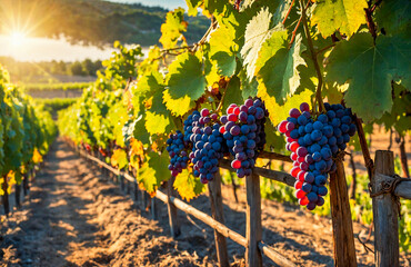 Sun-kissed vineyard rows bursting with healthy purple grape clusters