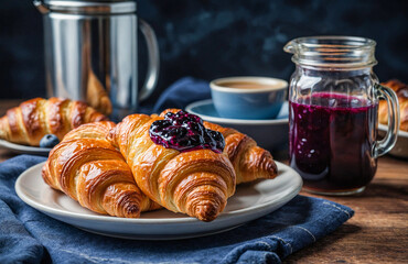  Warm croissants and fresh blueberries set against a rustic background