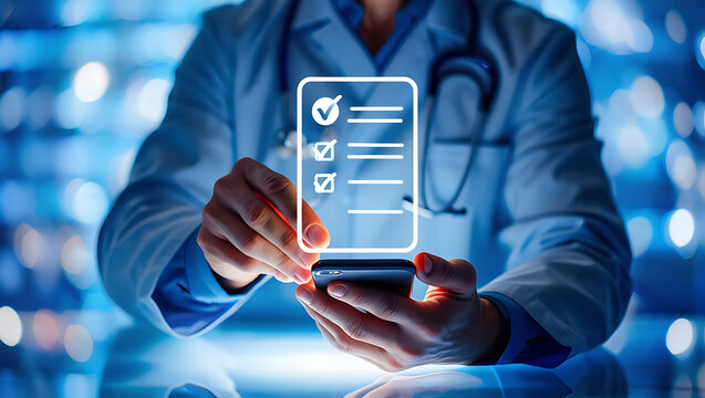 Doctor using smartphone to check a digital checklist with completed tasks