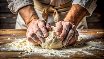 Baker s Hands Kneading Dough on a Flour Dusted Wooden Surface Preparing Bread or Pizza new 2025 trendy realistic photo, warm lighting, baking scene, top view, rustic style.