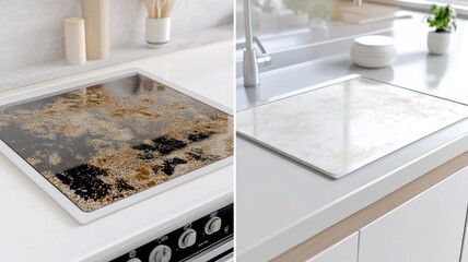 Before and after transformation of a stovetop with a sleek minimalistic design in a modern, shiny, and spotless kitchen