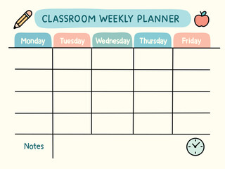 Cute weekly classroom planner in pastel colors. Includes a 5-day subject grid and notes section. Perfect for teachers, students, and printable school planners.