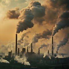 Industrial smokestacks emitting pollution at sunset in urban landscape