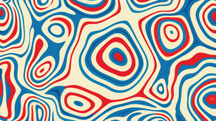 Abstract background with red, blue and beige concentric shapes and curved lines pattern design