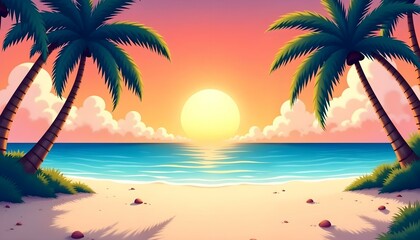 Obraz premium Tropical beach landscape vector illustration, palm trees, white sand, blue sea, summer holiday background, sunny sky, flat design, paradise nature scenery