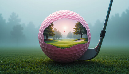 Surreal Pink Golf Ball with Scenic Course Inside