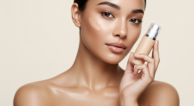 A woman with flawless skin holds a bottle of foundation, showcasing makeup application.