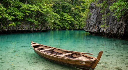 Obraz premium Tranquil lagoon with wooden boat. Lush green foliage surrounds a crystal-clear turquoise waterway, showcasing a simple wooden boat resting gently on the shallow bottom