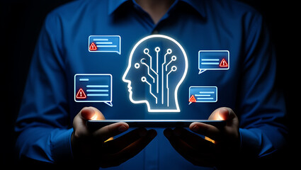 Artificial intelligence head with circuit board pattern and warning messages on a tablet