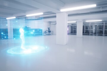 Futuristic data center interior featuring glowing holographic human projection showcasing advanced artificial intelligence visualization, immersive digital technology environment, innovation concept.
