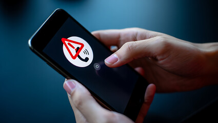 Person holding smartphone displaying a blocked incoming call notification with warning symbol