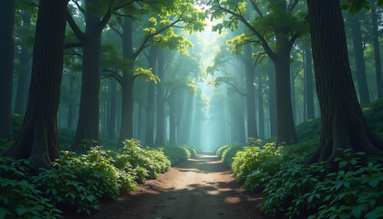 Naklejka premium Lush Forest Path: Sunlight Streams Through Trees in a Serene Landscape