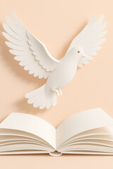 Fototapeta premium White paper dove flying up from open book on pastel background symbolising freedom and education, generative AI