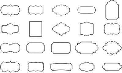 Label and Badge Outline Vector Set – Frames, Tags, Vintage, Shape, Nameplate, Decorative, Hand-Drawn, Border, Black and White